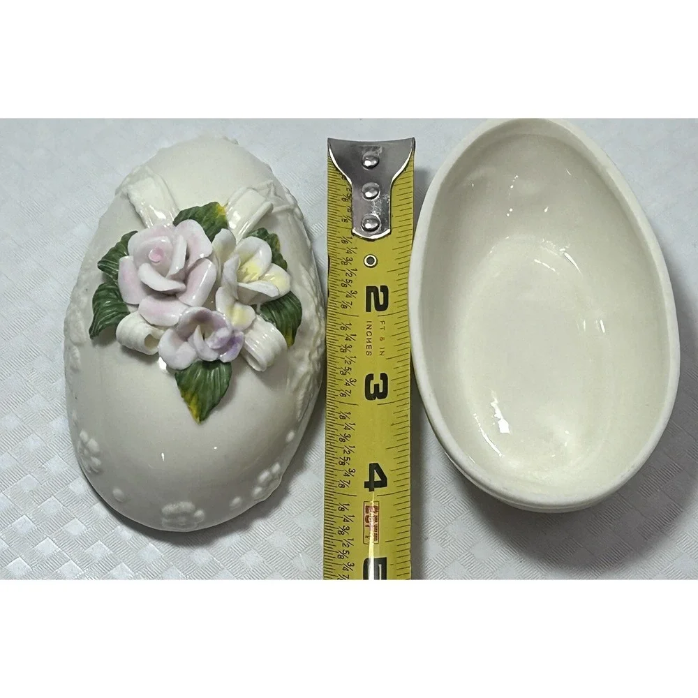 VTG Capodimonte Style Floral Oval Easter Spring Egg Jewelry Trinket Box W/ Lid